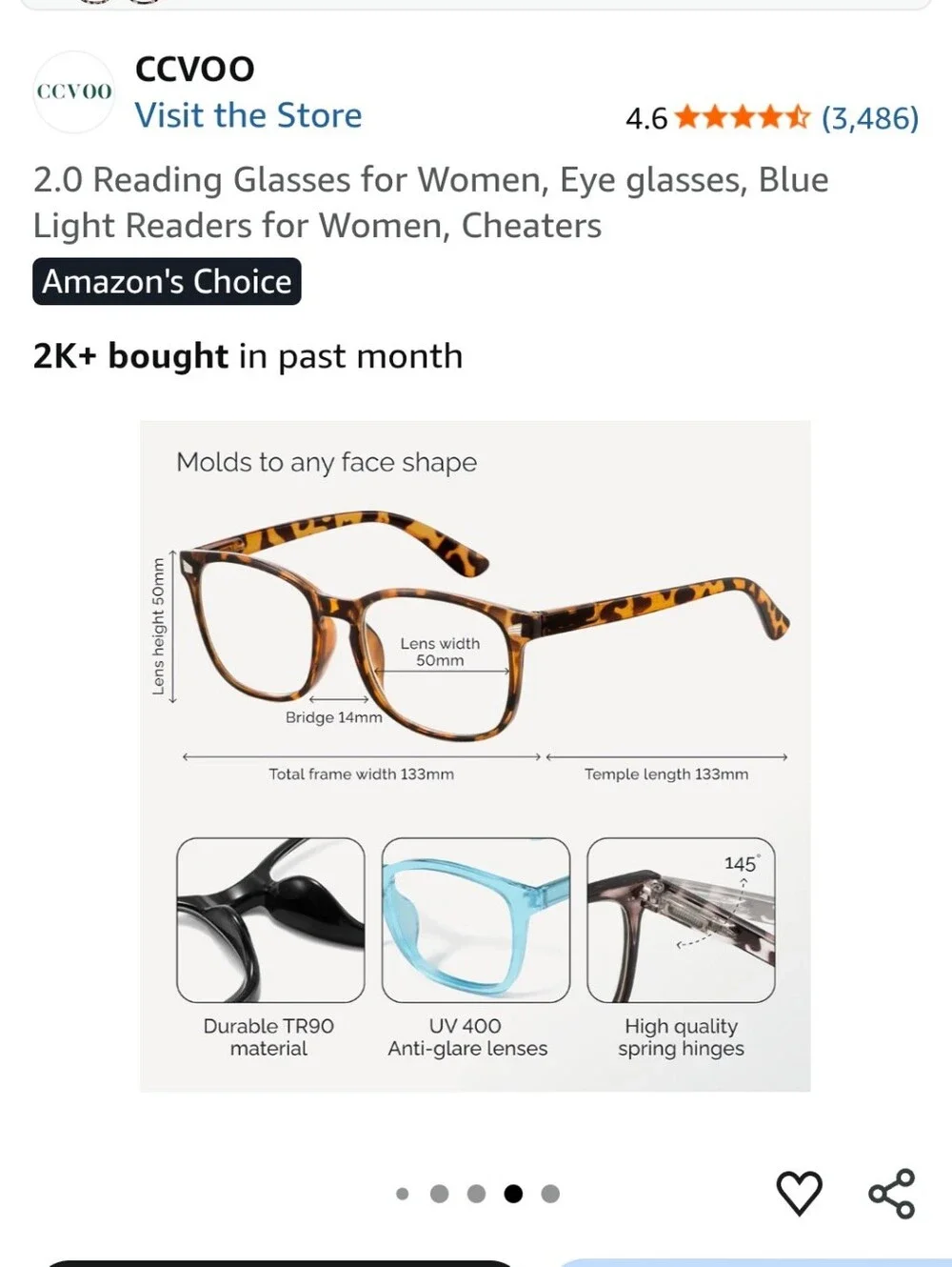 Women's 5-Pack Reading Glasses2.0 - Black, Blue, Tortoiseshell, Clear, Leopard